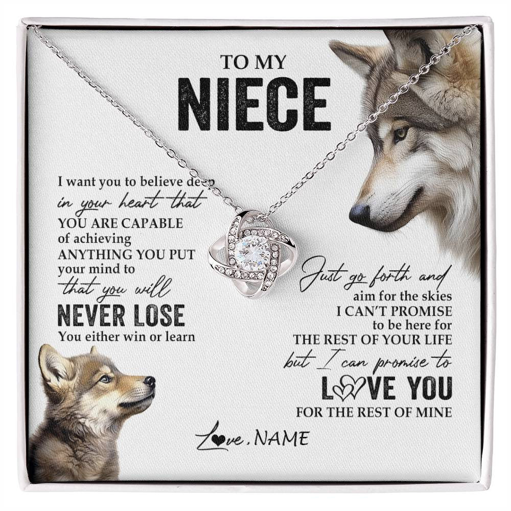 Love Knot Necklace 14K White Gold Finish | 1 | Personalized To My Niece Necklace From Aunt Uncle Auntie You Will Never Lose Wolf Niece Birthday Graduation Christmas Customized Gift Box Message Card | siriusteestore