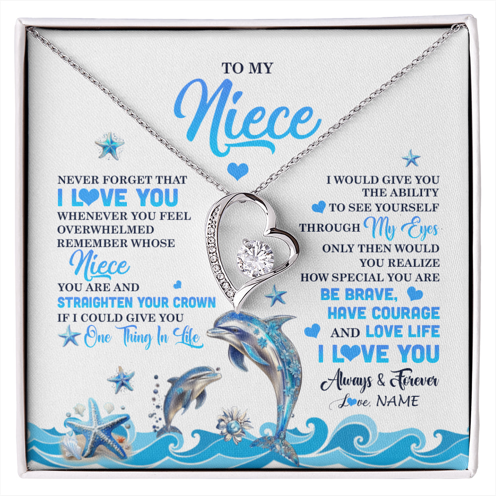 Forever Love Necklace 14K White Gold Finish | 1 | Personalized To My Niece Necklace From Aunt Uncle Dophin Never Forget I Love You Niece Birthday Gifts Jewelry Christmas Customized Gift Box Message Card | siriusteestore