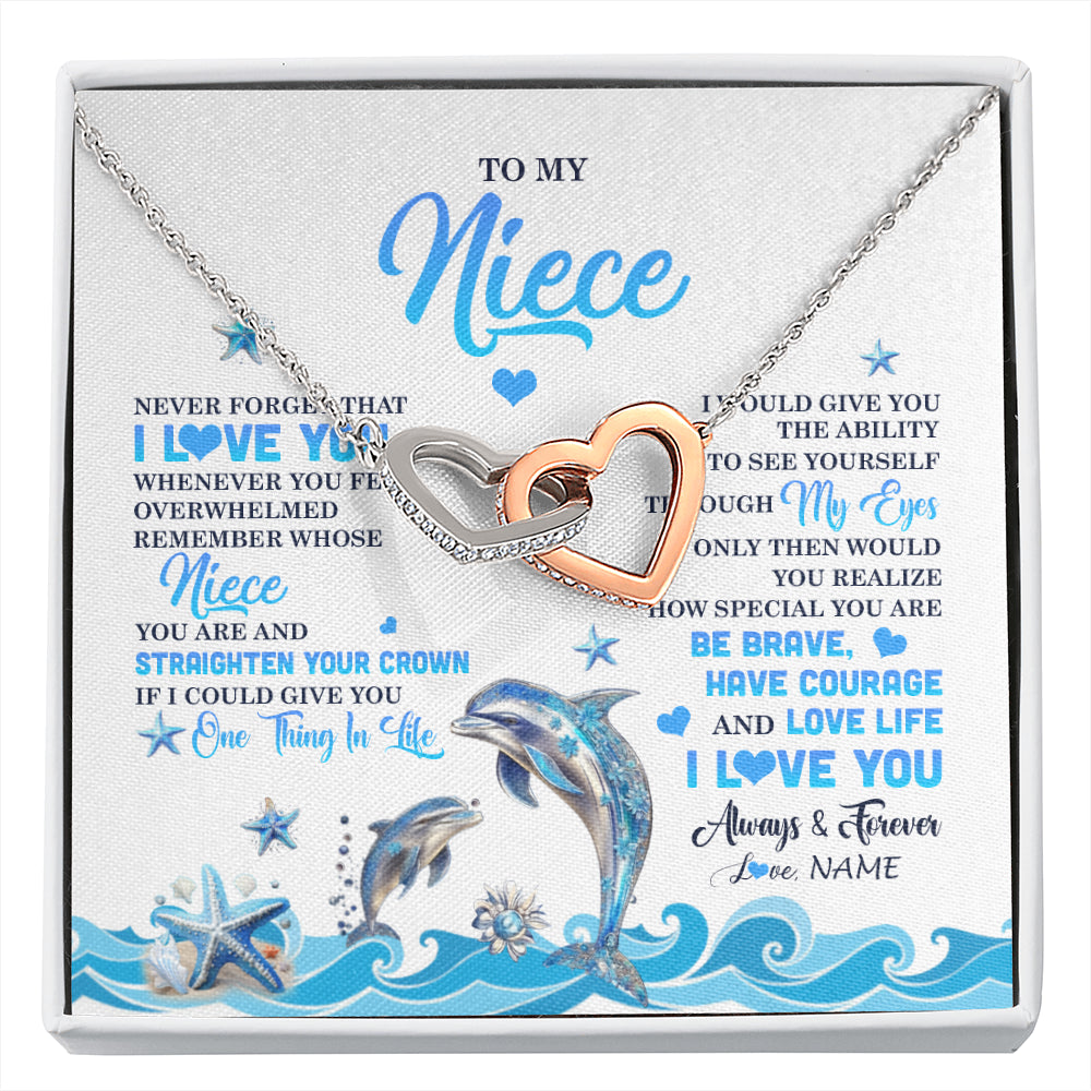 Interlocking Hearts Necklace Stainless Steel & Rose Gold Finish | 1 | Personalized To My Niece Necklace From Aunt Uncle Dophin Never Forget I Love You Niece Birthday Gifts Jewelry Christmas Customized Gift Box Message Card | siriusteestore
