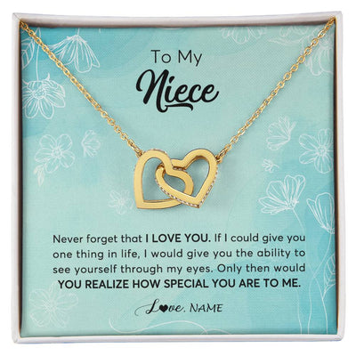 Interlocking Hearts Necklace 18K Yellow Gold Finish | 1 | Personalized To My Niece Necklace From Aunt Uncle Flower Never Forget I Love You Niece Jewelry Graduation Birthday Christmas Customized Gift Box Message Card | siriusteestore