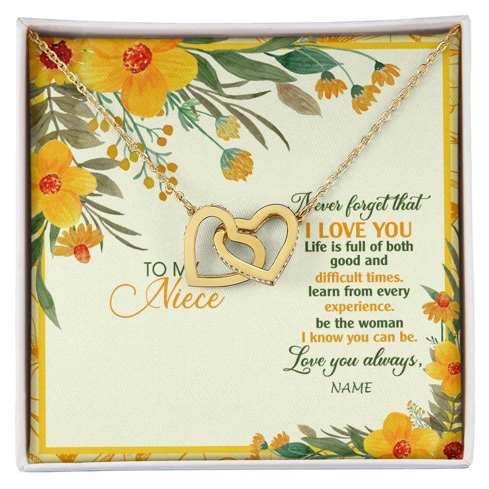 Interlocking Hearts Necklace 18K Yellow Gold Finish | Personalized To My Niece Necklace From Aunt Uncle Flower Never Forget That I Love You Niece Birthday Christmas Graduation Customized Gift Box Message Card | siriusteestore