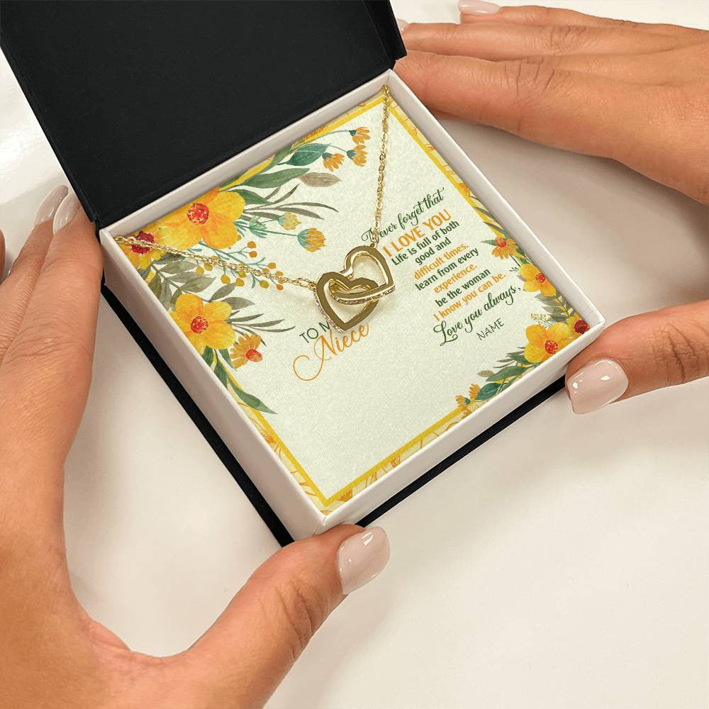Interlocking Hearts Necklace 18K Yellow Gold Finish | Personalized To My Niece Necklace From Aunt Uncle Flower Never Forget That I Love You Niece Birthday Christmas Graduation Customized Gift Box Message Card | siriusteestore