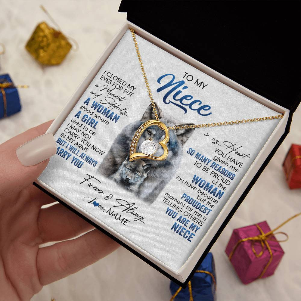 Forever Love Necklace 18K Yellow Gold Finish | 2 | Personalized To My Niece Necklace From Aunt Uncle I Close My Eyes For But A Moment Wolf Niece Birthday Gifts Christmas Customized Gift Box Message Card | siriusteestore