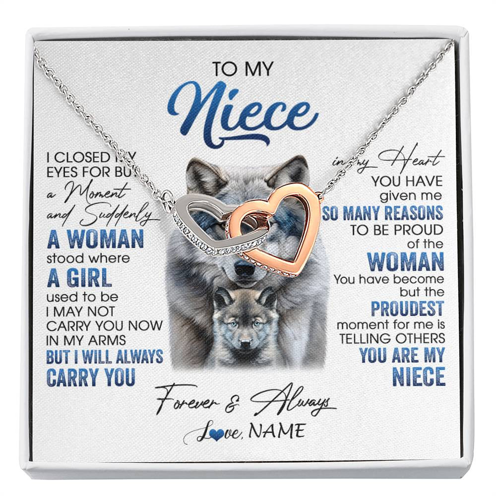 Interlocking Hearts Necklace Stainless Steel & Rose Gold Finish | 1 | Personalized To My Niece Necklace From Aunt Uncle I Close My Eyes For But A Moment Wolf Niece Birthday Gifts Christmas Customized Gift Box Message Card | siriusteestore