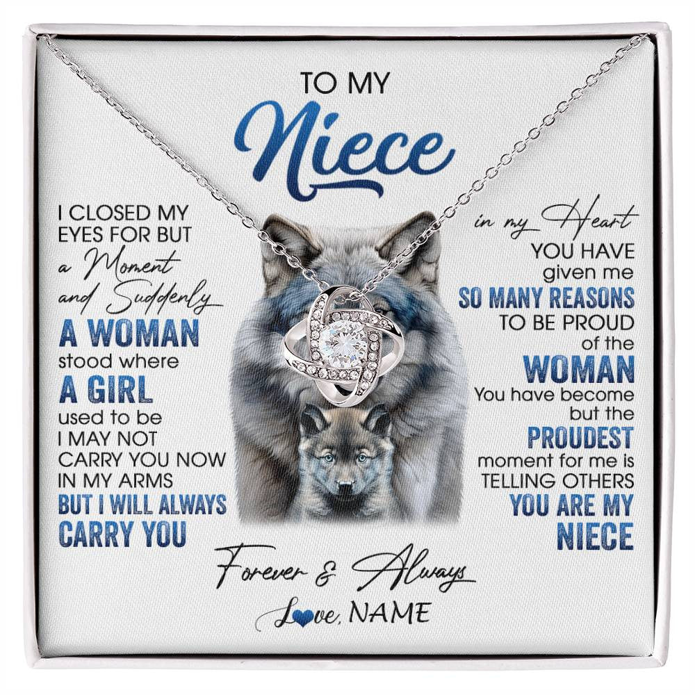 Love Knot Necklace 14K White Gold Finish | 1 | Personalized To My Niece Necklace From Aunt Uncle I Close My Eyes For But A Moment Wolf Niece Birthday Gifts Christmas Customized Gift Box Message Card | siriusteestore