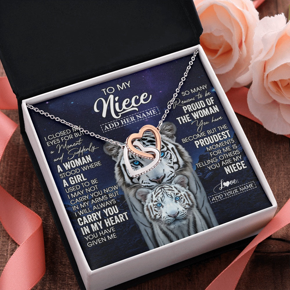 Interlocking Hearts Necklace Stainless Steel & Rose Gold Finish | 2 | Personalized To My Niece Necklace From Aunt Uncle I Close My Eyes White Tiger Niece Birthday Gift Graduation Christmas Custom Gift Box Message Card | https://siriusteestore.
