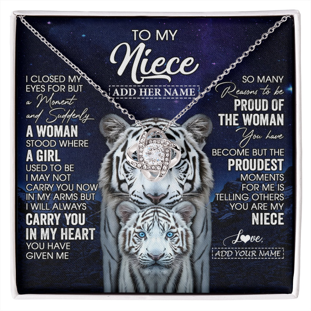 Love Knot Necklace 14K White Gold Finish | 1 | Personalized To My Niece Necklace From Aunt Uncle I Close My Eyes White Tiger Niece Birthday Gift Graduation Christmas Custom Gift Box Message Card | https://siriusteestore.