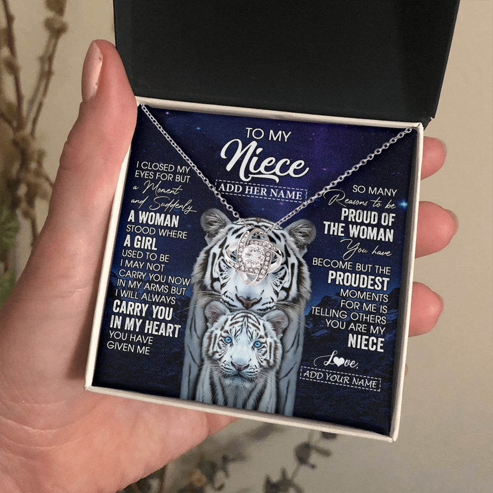 Love Knot Necklace 14K White Gold Finish | 2 | Personalized To My Niece Necklace From Aunt Uncle I Close My Eyes White Tiger Niece Birthday Gift Graduation Christmas Custom Gift Box Message Card | https://siriusteestore.