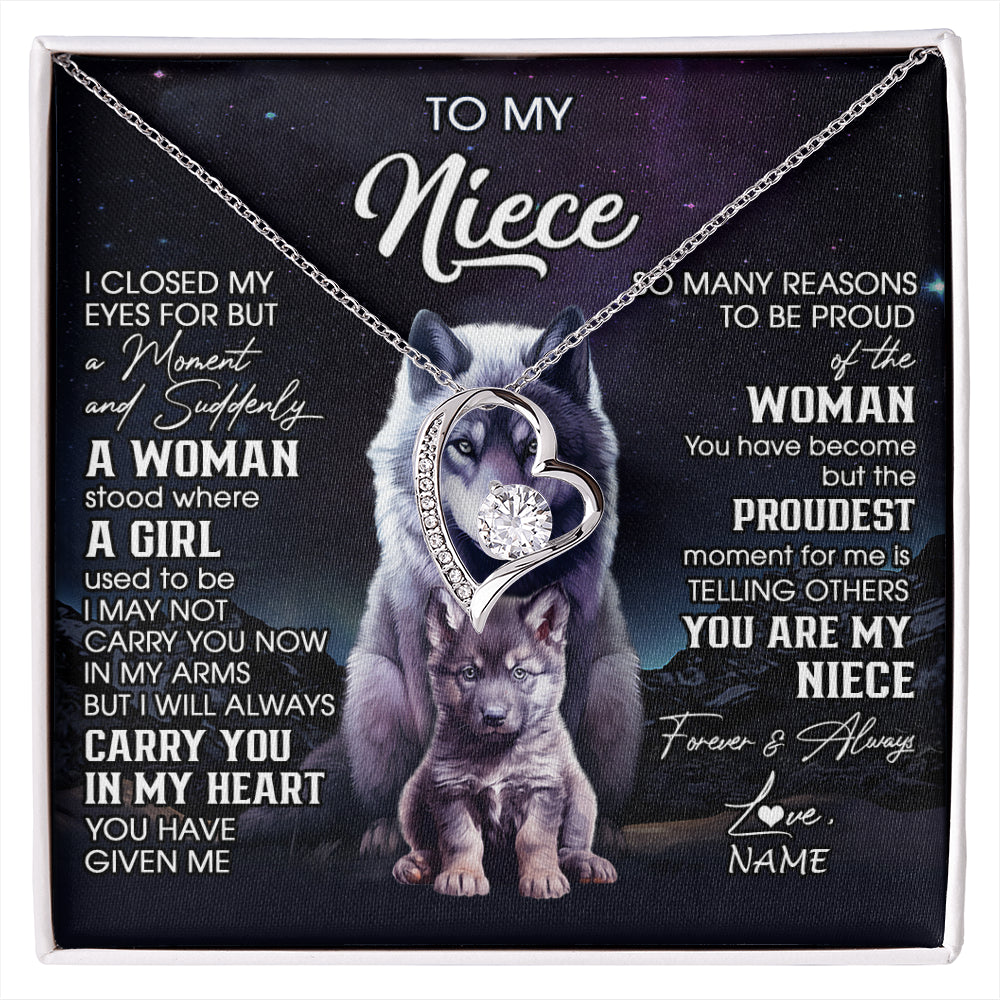 Forever Love Necklace 14K White Gold Finish | 1 | Personalized To My Niece Necklace From Aunt Uncle I Close My Eyes Wolf Niece Birthday Gifts Jewelry Graduation Christmas Customized Gift Box Message Card | siriusteestore