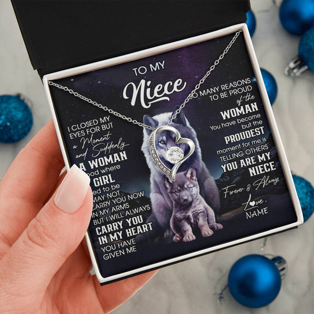 Forever Love Necklace 14K White Gold Finish | 2 | Personalized To My Niece Necklace From Aunt Uncle I Close My Eyes Wolf Niece Birthday Gifts Jewelry Graduation Christmas Customized Gift Box Message Card | siriusteestore