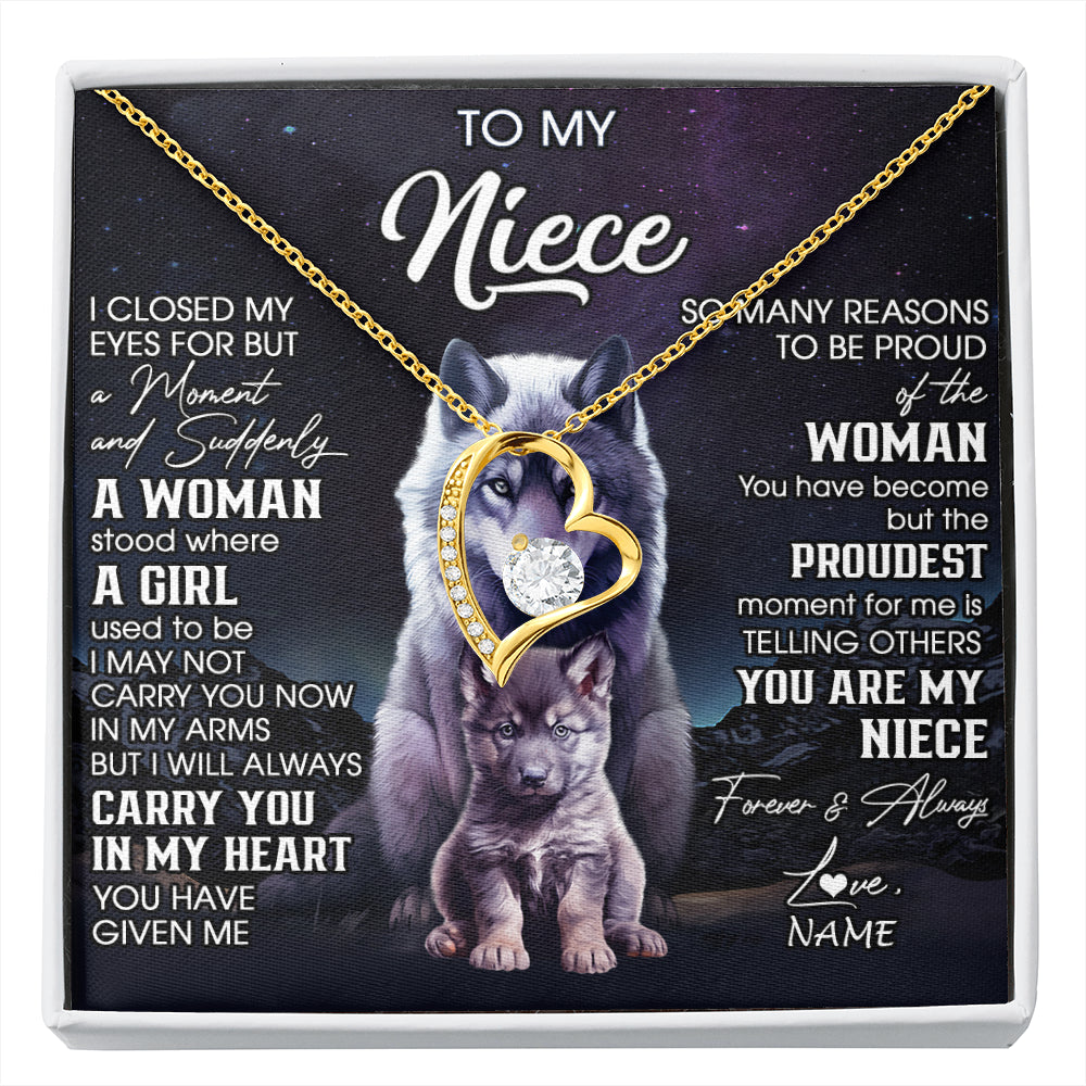 Forever Love Necklace 18K Yellow Gold Finish | 1 | Personalized To My Niece Necklace From Aunt Uncle I Close My Eyes Wolf Niece Birthday Gifts Jewelry Graduation Christmas Customized Gift Box Message Card | siriusteestore