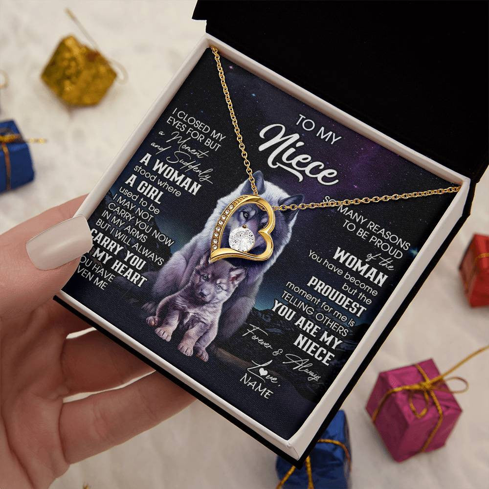 Forever Love Necklace 18K Yellow Gold Finish | 2 | Personalized To My Niece Necklace From Aunt Uncle I Close My Eyes Wolf Niece Birthday Gifts Jewelry Graduation Christmas Customized Gift Box Message Card | siriusteestore