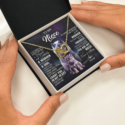 Interlocking Hearts Necklace 18K Yellow Gold Finish | 2 | Personalized To My Niece Necklace From Aunt Uncle I Close My Eyes Wolf Niece Birthday Gifts Jewelry Graduation Christmas Customized Gift Box Message Card | siriusteestore