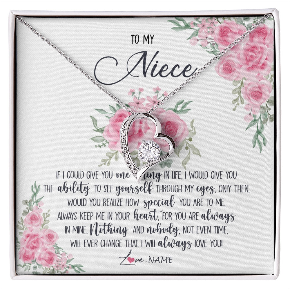 Forever Love Necklace 14K White Gold Finish | 1 | Personalized To My Niece Necklace From Aunt Uncle I Will Always Love You Niece Birthday Christmas Pendant Jewelry Customized Gift Box Message Card | https://siriusteestore.