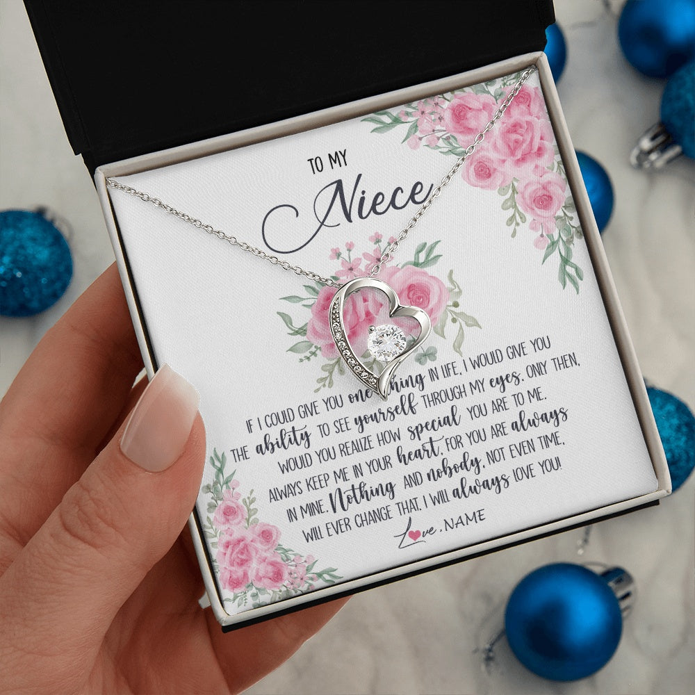 Forever Love Necklace 14K White Gold Finish | 2 | Personalized To My Niece Necklace From Aunt Uncle I Will Always Love You Niece Birthday Christmas Pendant Jewelry Customized Gift Box Message Card | https://siriusteestore.