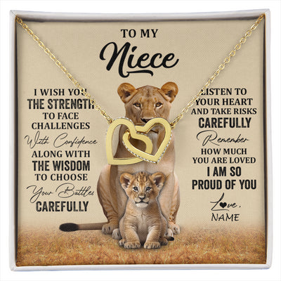 Interlocking Hearts Necklace 18K Yellow Gold Finish | 1 | Personalized To My Niece Necklace From Aunt Uncle I Wish You The Strength Lion Niece Birthday Jewelry Graduation Christmas Customized Gift Box Message Card | siriusteestore