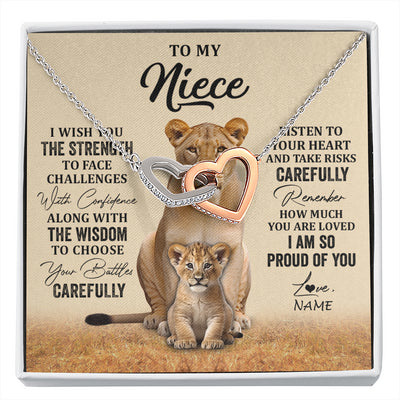 Interlocking Hearts Necklace Stainless Steel & Rose Gold Finish | 1 | Personalized To My Niece Necklace From Aunt Uncle I Wish You The Strength Lion Niece Birthday Jewelry Graduation Christmas Customized Gift Box Message Card | siriusteestore