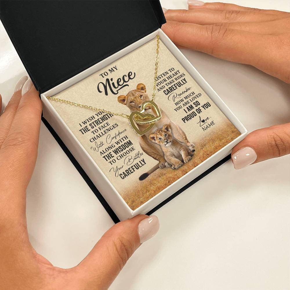 Interlocking Hearts Necklace 18K Yellow Gold Finish | 2 | Personalized To My Niece Necklace From Aunt Uncle I Wish You The Strength Lion Niece Birthday Jewelry Graduation Christmas Customized Gift Box Message Card | siriusteestore