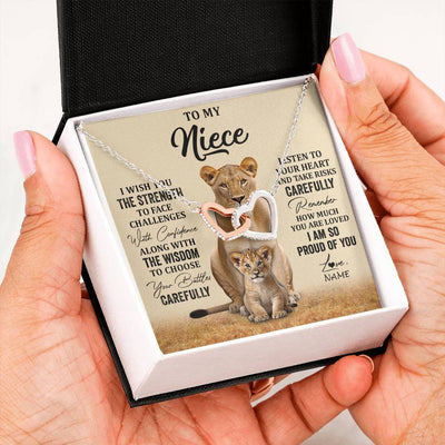 Interlocking Hearts Necklace Stainless Steel & Rose Gold Finish | 2 | Personalized To My Niece Necklace From Aunt Uncle I Wish You The Strength Lion Niece Birthday Jewelry Graduation Christmas Customized Gift Box Message Card | siriusteestore