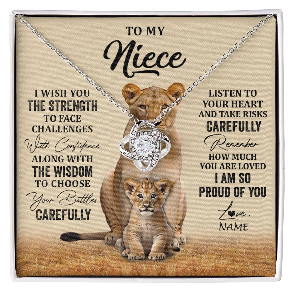 Love Knot Necklace 14K White Gold Finish | 1 | Personalized To My Niece Necklace From Aunt Uncle I Wish You The Strength Lion Niece Birthday Jewelry Graduation Christmas Customized Gift Box Message Card | siriusteestore