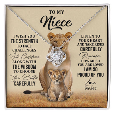 Love Knot Necklace 14K White Gold Finish | 1 | Personalized To My Niece Necklace From Aunt Uncle I Wish You The Strength Lion Niece Birthday Jewelry Graduation Christmas Customized Gift Box Message Card | siriusteestore