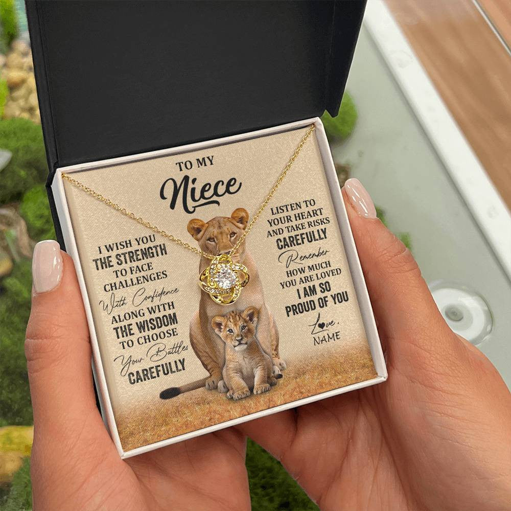 Love Knot Necklace 18K Yellow Gold Finish | 2 | Personalized To My Niece Necklace From Aunt Uncle I Wish You The Strength Lion Niece Birthday Jewelry Graduation Christmas Customized Gift Box Message Card | siriusteestore