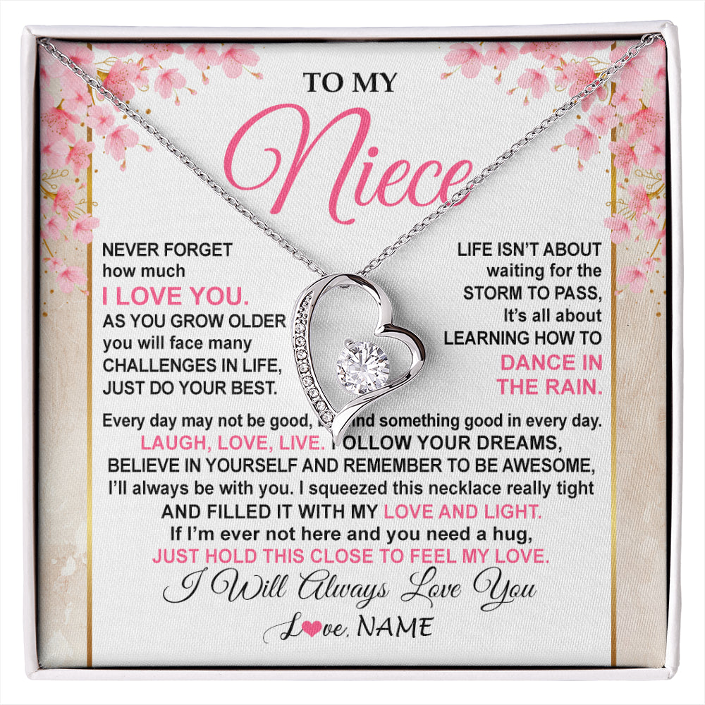 Forever Love Necklace 14K White Gold Finish | 1 | Personalized To My Niece Necklace From Aunt Uncle Inspirational I Love You Niece Birthday Valentines Day Graduation Christmas Customized Gift Box Message Card | siriusteestore