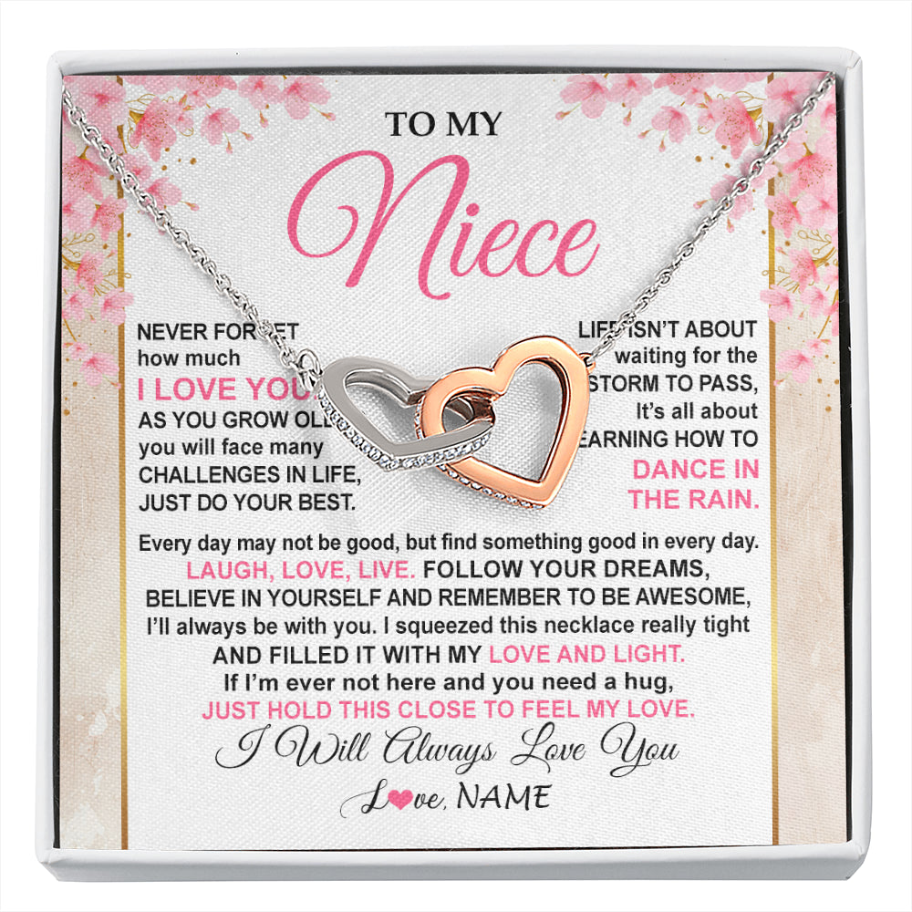 Interlocking Hearts Necklace Stainless Steel & Rose Gold Finish | 1 | Personalized To My Niece Necklace From Aunt Uncle Inspirational I Love You Niece Birthday Valentines Day Graduation Christmas Customized Gift Box Message Card | siriusteestore