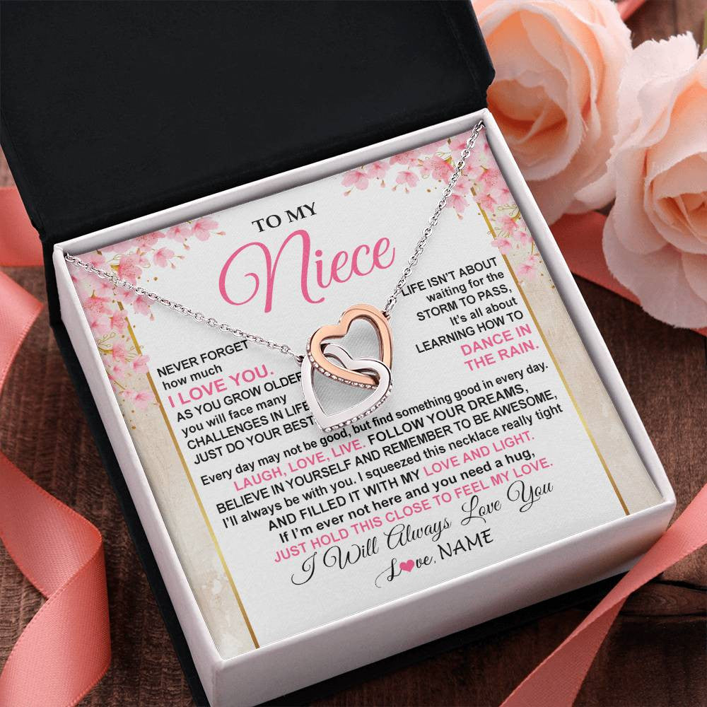 Interlocking Hearts Necklace Stainless Steel & Rose Gold Finish | 2 | Personalized To My Niece Necklace From Aunt Uncle Inspirational I Love You Niece Birthday Valentines Day Graduation Christmas Customized Gift Box Message Card | siriusteestore