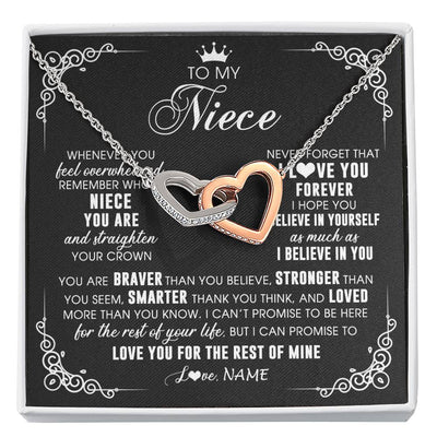 Interlocking Hearts Necklace Stainless Steel & Rose Gold Finish | 1 | Personalized To My Niece Necklace From Aunt Uncle Inspirational Strength Niece Birthday Jewelry Graduation Christmas Customized Gift Box Message Card | siriusteestore