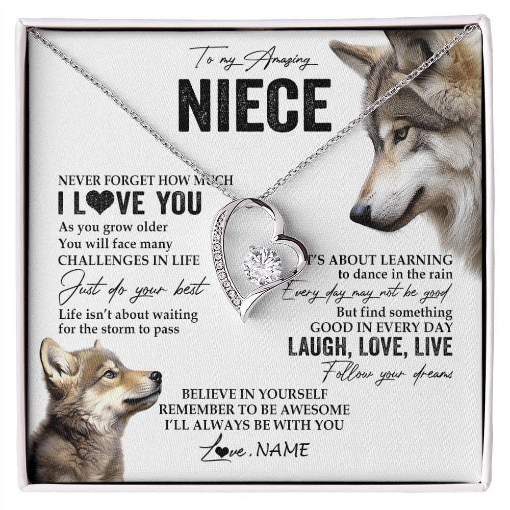 Forever Love Necklace 14K White Gold Finish | 1 | Personalized To My Niece Necklace From Aunt Uncle Just Do You Best Laugh Love Live Wolf Niece Birthday Graduation Christmas Customized Gift Box Message Card | siriusteestore