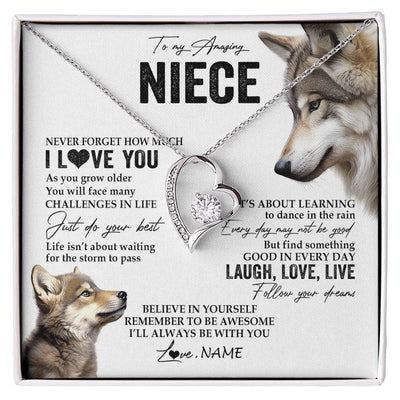 Forever Love Necklace 14K White Gold Finish | 1 | Personalized To My Niece Necklace From Aunt Uncle Just Do You Best Laugh Love Live Wolf Niece Birthday Graduation Christmas Customized Gift Box Message Card | siriusteestore