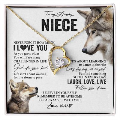 Forever Love Necklace 18K Yellow Gold Finish | 1 | Personalized To My Niece Necklace From Aunt Uncle Just Do You Best Laugh Love Live Wolf Niece Birthday Graduation Christmas Customized Gift Box Message Card | siriusteestore