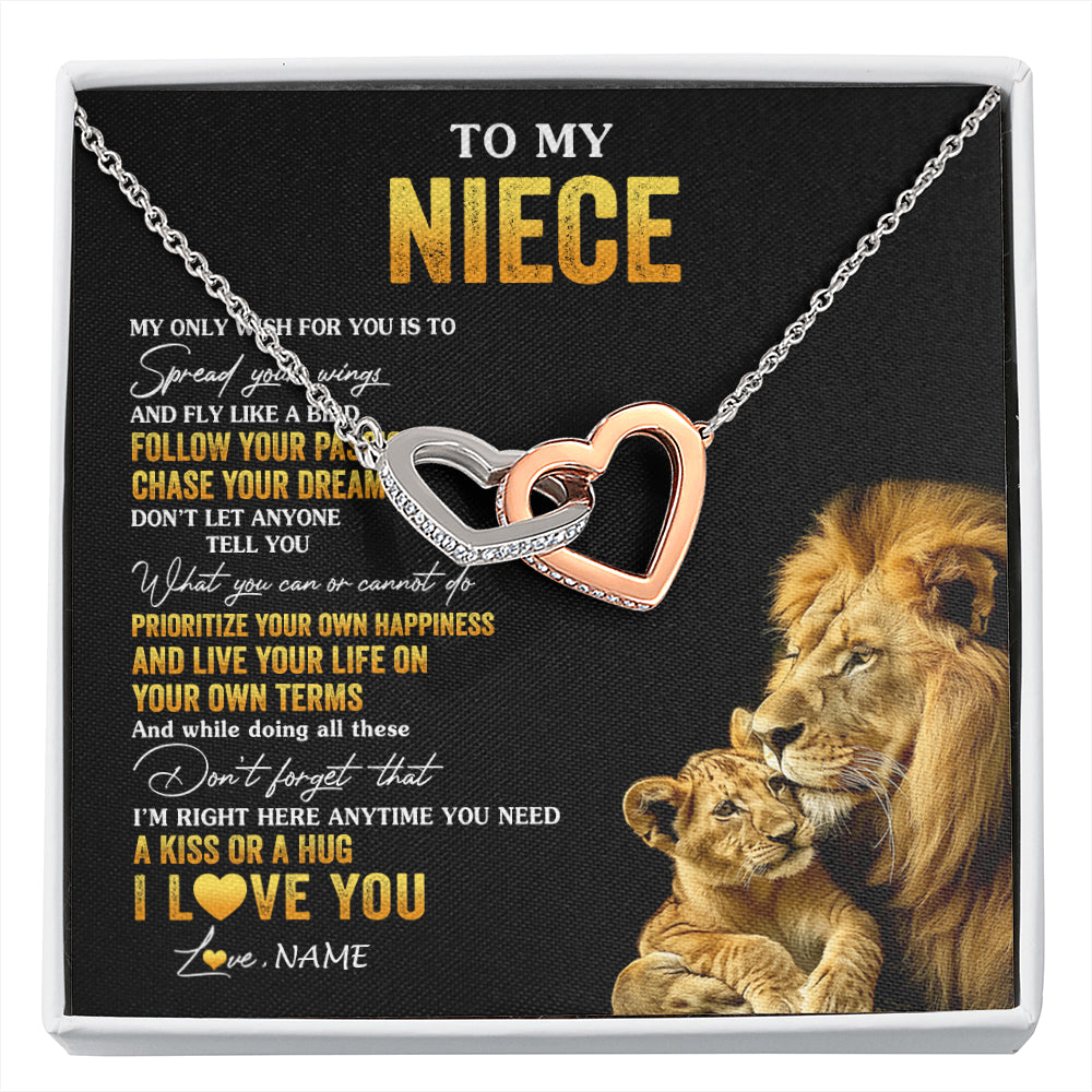 Interlocking Hearts Necklace Stainless Steel & Rose Gold Finish | 1 | Personalized To My Niece Necklace From Aunt Uncle Lion My Only Wish For You Niece Birthday Graduation Christmas Customized Gift Box Message Card | siriusteestore