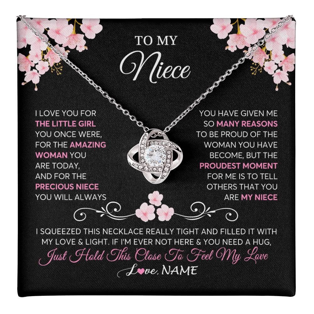 Love Knot Necklace 14K White Gold Finish | 1 | Personalized To My Niece Necklace From Aunt Uncle Love You Little Girl Niece Jewelry Birthday Jewelry Graduation Christmas Customized Gift Box Message Card | siriusteestore