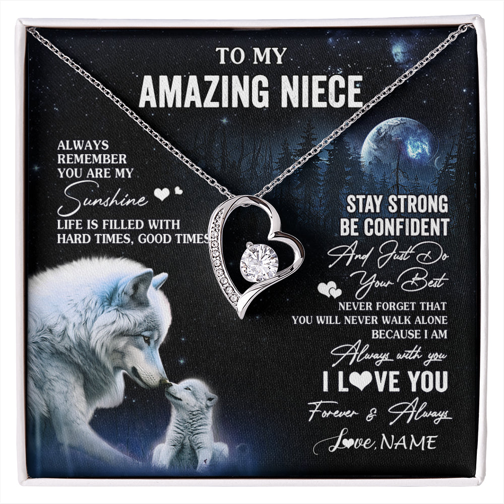 Forever Love Necklace 14K White Gold Finish | 1 | Personalized To My Niece Necklace From Aunt Uncle Moon Wolf Niece Birthday Gifts Jewelry Graduation Christmas Customized Gift Box Message Card | siriusteestore