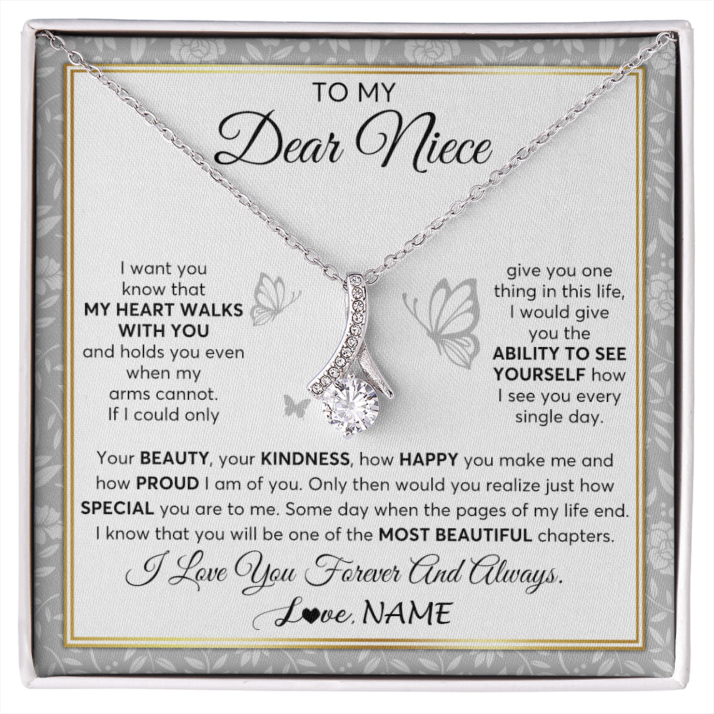 Alluring Beauty Necklace 14K White Gold Finish | 1 | Personalized To My Niece Necklace From Aunt Uncle My Heart Walks With You Niece Birthday Gifts Jewelry Graduation Christmas Customized Gift Box Message Card | siriusteestore