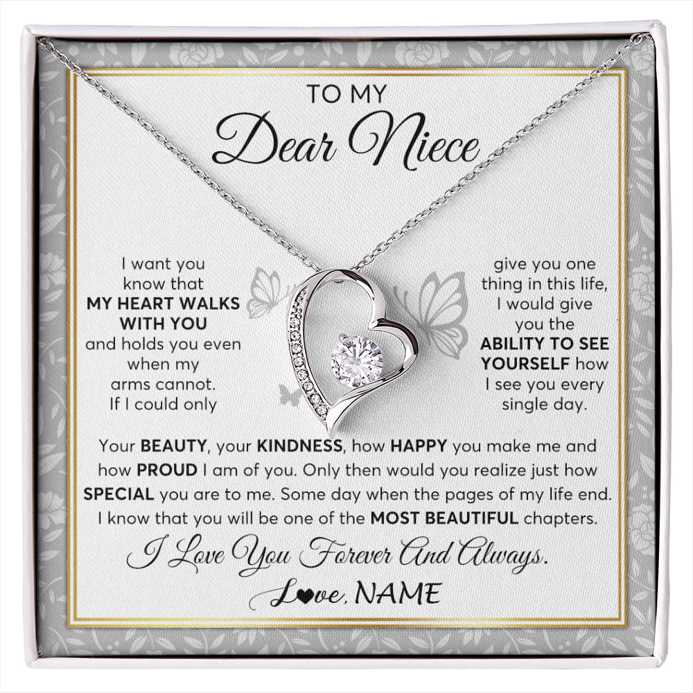 Forever Love Necklace 14K White Gold Finish | 1 | Personalized To My Niece Necklace From Aunt Uncle My Heart Walks With You Niece Birthday Gifts Jewelry Graduation Christmas Customized Gift Box Message Card | siriusteestore