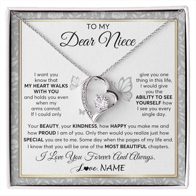 Forever Love Necklace 14K White Gold Finish | 1 | Personalized To My Niece Necklace From Aunt Uncle My Heart Walks With You Niece Birthday Gifts Jewelry Graduation Christmas Customized Gift Box Message Card | siriusteestore