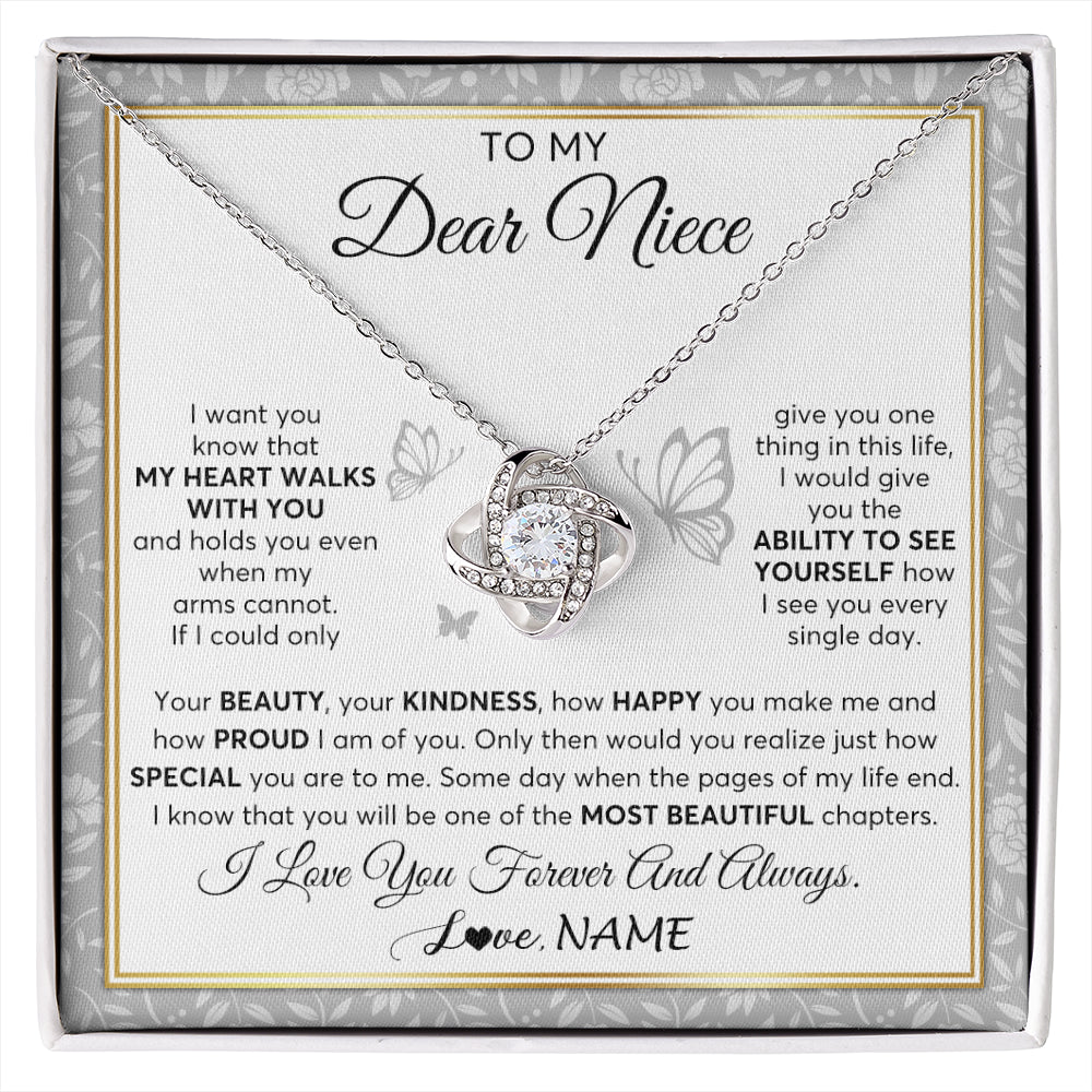 Love Knot Necklace 14K White Gold Finish | 1 | Personalized To My Niece Necklace From Aunt Uncle My Heart Walks With You Niece Birthday Gifts Jewelry Graduation Christmas Customized Gift Box Message Card | siriusteestore