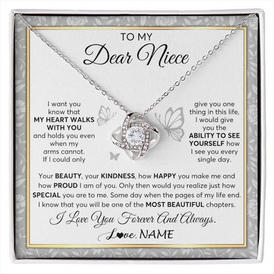 Love Knot Necklace 14K White Gold Finish | 1 | Personalized To My Niece Necklace From Aunt Uncle My Heart Walks With You Niece Birthday Gifts Jewelry Graduation Christmas Customized Gift Box Message Card | siriusteestore