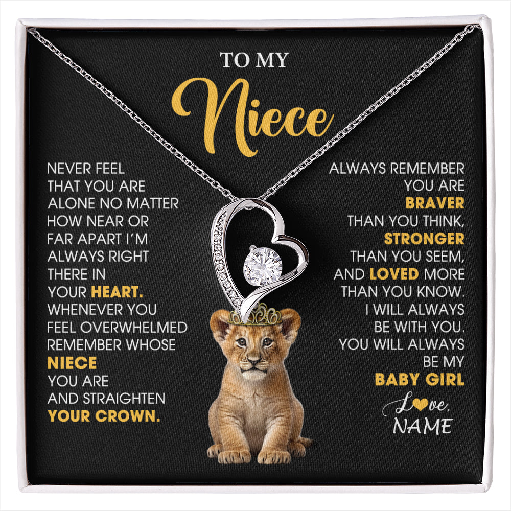 Forever Love Necklace 14K White Gold Finish | 1 | Personalized To My Niece Necklace From Aunt Uncle Never Feel You Are Alone Lion Birthday Gift Niece Anniversary Christmas Customized Gift Box Message Card | siriusteestore