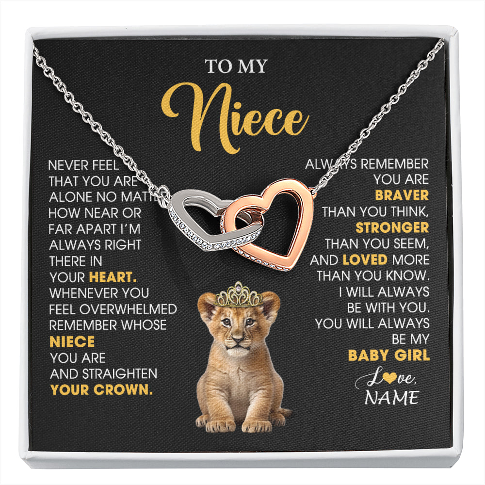 Interlocking Hearts Necklace Stainless Steel & Rose Gold Finish | 1 | Personalized To My Niece Necklace From Aunt Uncle Never Feel You Are Alone Lion Birthday Gift Niece Anniversary Christmas Customized Gift Box Message Card | siriusteestore
