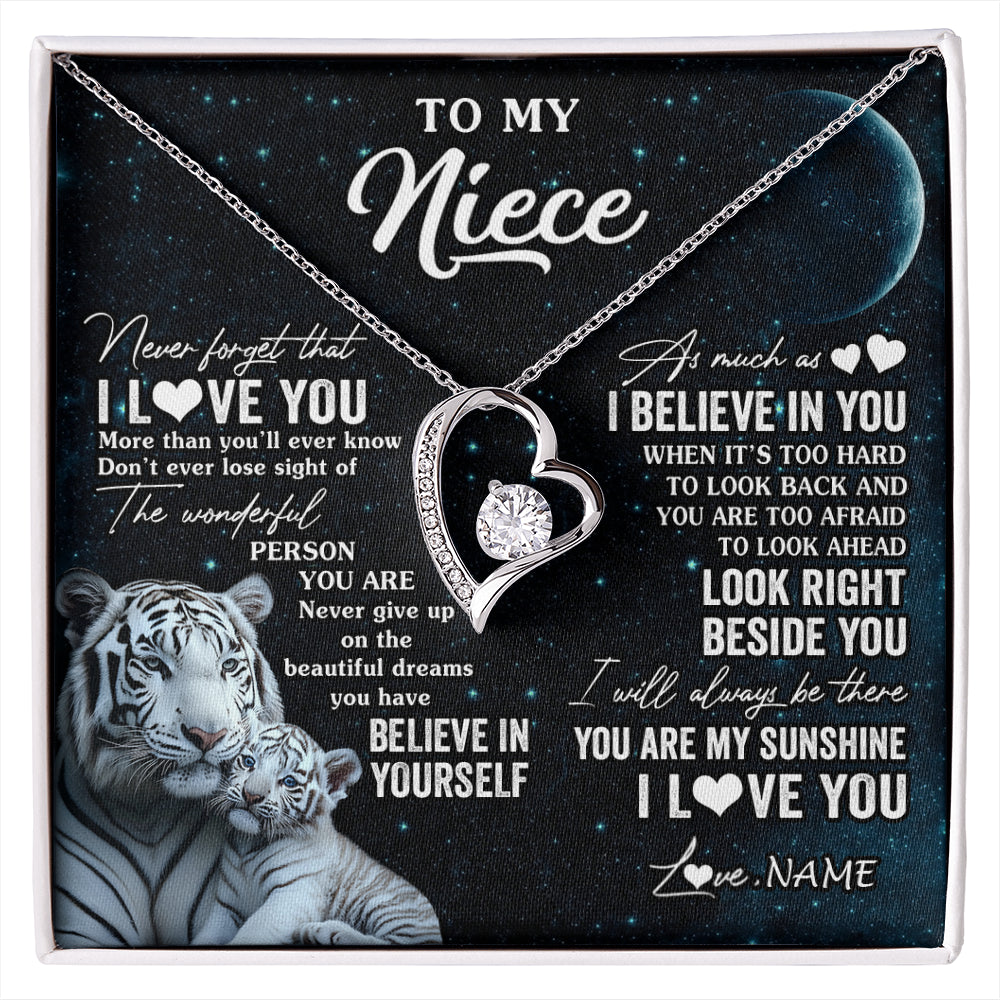 Forever Love Necklace 14K White Gold Finish | 1 | Personalized To My Niece Necklace From Aunt Uncle Never Forget I Love You White Tiger Niece Birthday Graduation Christmas Customized Gift Box Message Card | siriusteestore