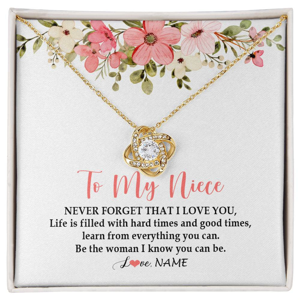 Love Knot Necklace 18K Yellow Gold Finish | Personalized To My Niece Necklace From Aunt Uncle Never Forget That I Love You Niece Pendant Jewelry Birthday Christmas Customized Gift Box Message Card | siriusteestore