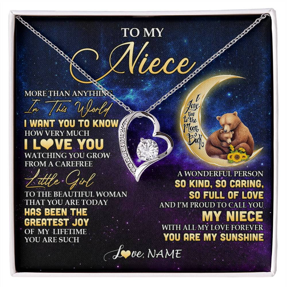 Forever Love Necklace 14K White Gold Finish | 1 | Personalized To My Niece Necklace From Aunt Uncle Positive Energy Encourage Brave Little Bear Niece Birthday Gifts Christmas Customized Gift Box Message Card | siriusteestore