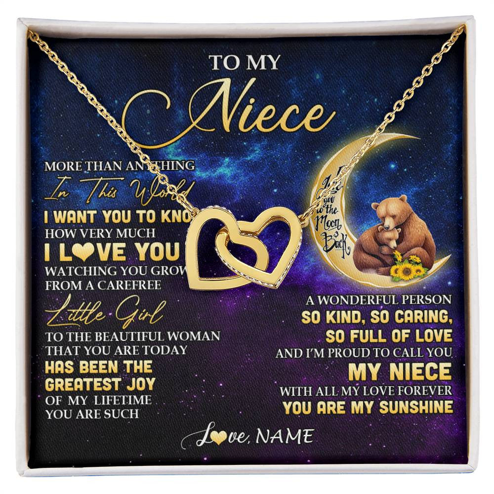 Interlocking Hearts Necklace 18K Yellow Gold Finish | 1 | Personalized To My Niece Necklace From Aunt Uncle Positive Energy Encourage Brave Little Bear Niece Birthday Gifts Christmas Customized Gift Box Message Card | siriusteestore