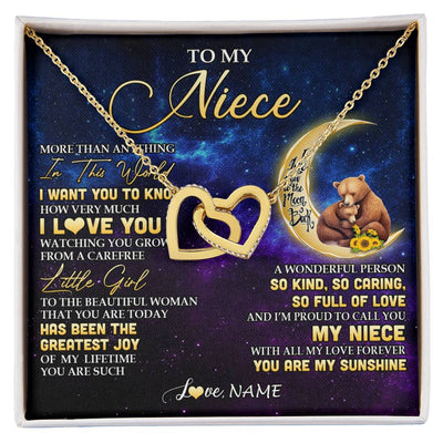 Interlocking Hearts Necklace 18K Yellow Gold Finish | 1 | Personalized To My Niece Necklace From Aunt Uncle Positive Energy Encourage Brave Little Bear Niece Birthday Gifts Christmas Customized Gift Box Message Card | siriusteestore