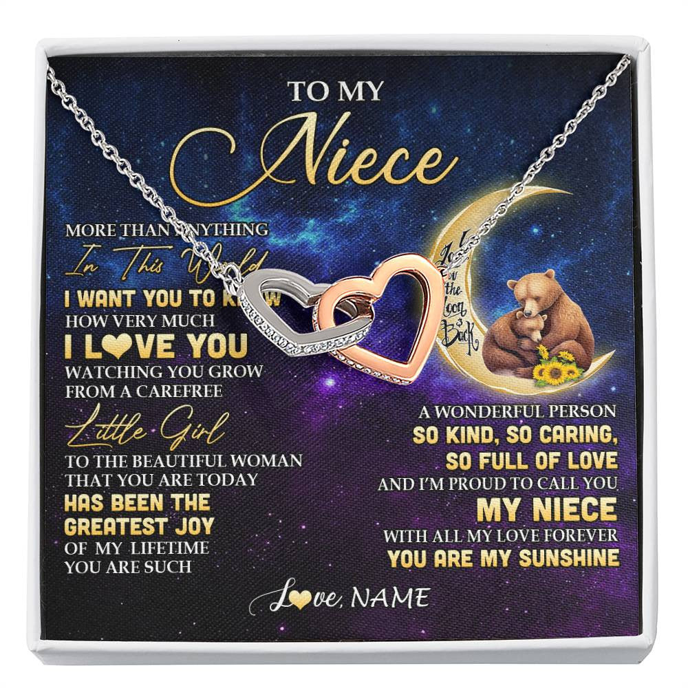 Interlocking Hearts Necklace Stainless Steel & Rose Gold Finish | 1 | Personalized To My Niece Necklace From Aunt Uncle Positive Energy Encourage Brave Little Bear Niece Birthday Gifts Christmas Customized Gift Box Message Card | siriusteestore
