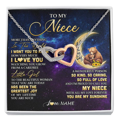 Interlocking Hearts Necklace Stainless Steel & Rose Gold Finish | 1 | Personalized To My Niece Necklace From Aunt Uncle Positive Energy Encourage Brave Little Bear Niece Birthday Gifts Christmas Customized Gift Box Message Card | siriusteestore